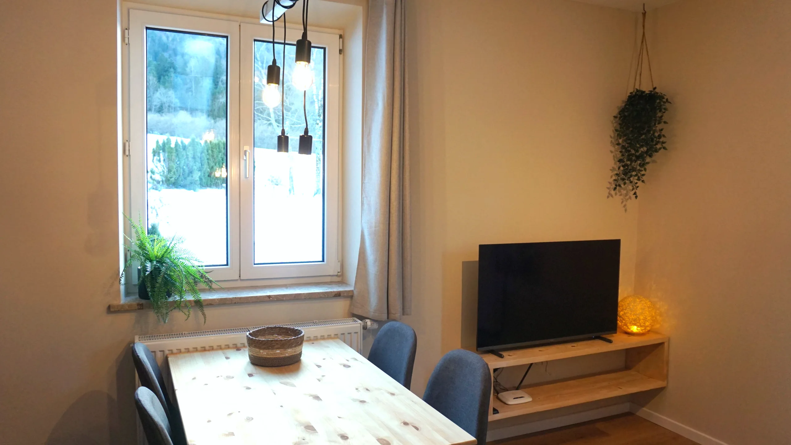 Wohnzimmer der Ferienwohnung 1 mit dunkelblauem Ecksofa und heller Wand