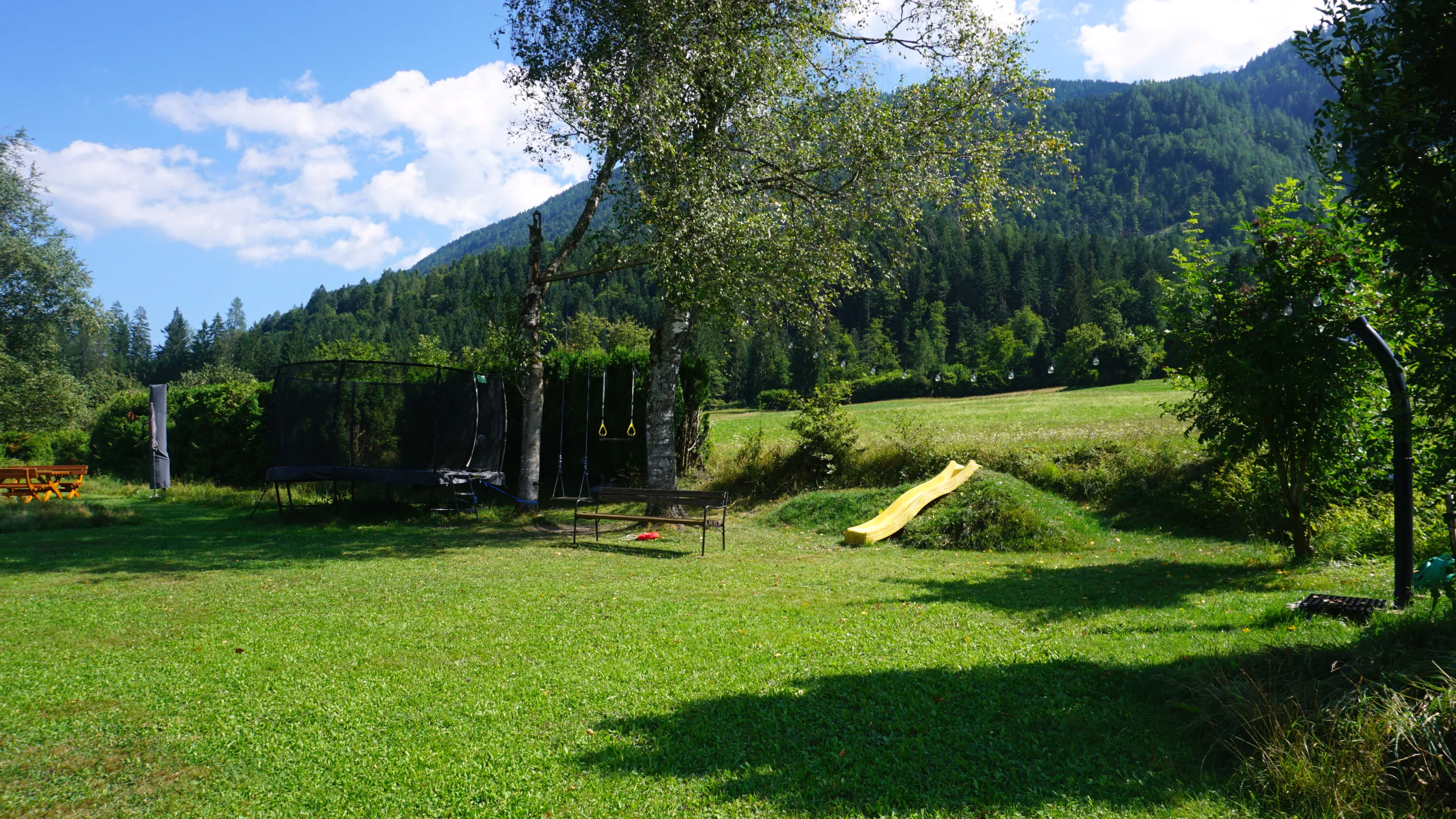 Trampolin, Schaukel und gelbe Rutsche auf der Wiese unter Birken